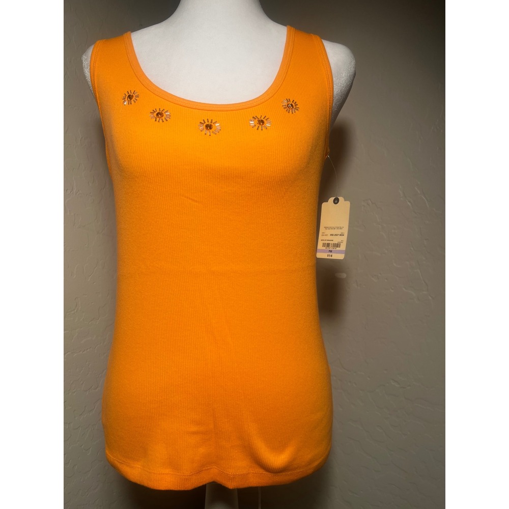 St. Johns Bay Orange Ribbed Beaded Sunburst Tank Top Petite Medium NEW